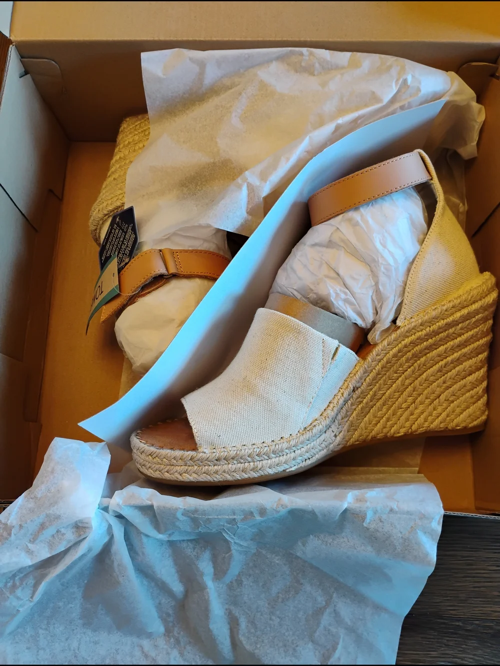 Toms Cream Canvas Espadrille Wedge Sandals with Tan Ankle Strap